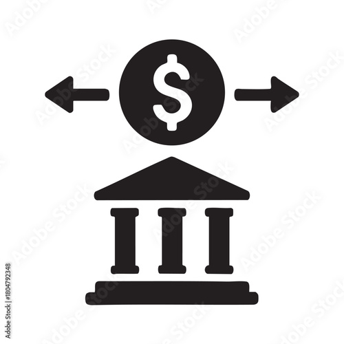 Bank transaction icon with money flow arrows. Financial symbol for currency transfer, payment, online banking, and economy concept.