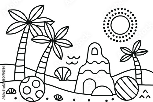 A simple black and white illustration of a tropical island scene with palm trees and sun