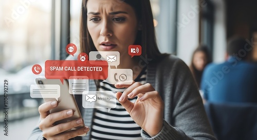 A concerned woman receives a spam call detected notification on her smartphone, highlighting mobile security and digital scams