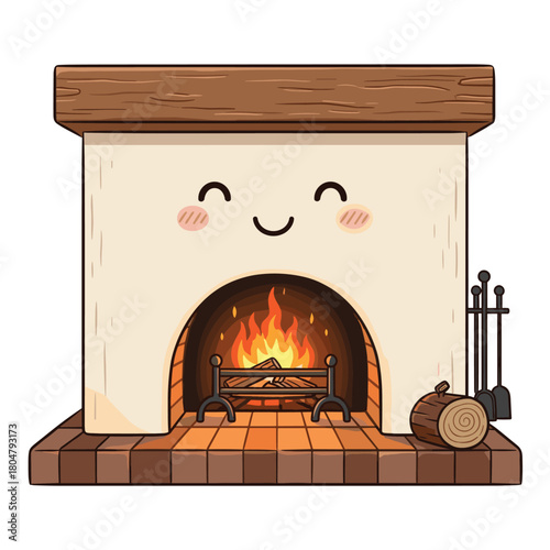 A charming cartoon fireplace with a happy face, featuring a warm, crackling fire and a log pile beside it.