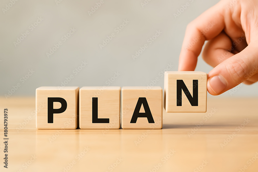 Naklejka premium Plan word on wooden blocks, hands of businessman putting letter N, business planning, strategic management, setting goals, success, vision, organization, new project, action