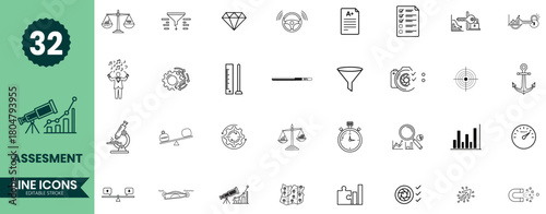 Assessment Line Icons Set Evaluation, Analytics, Performance Review, Business Metrics Symbols