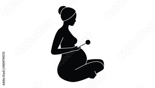 Pregnant woman silhouette with rattle baby shower illustration