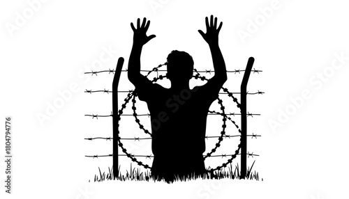 Silhouette man behind barbed wire fence with hands up vector