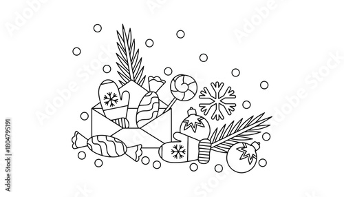 Winter holiday coloring page with christmas decorations line art