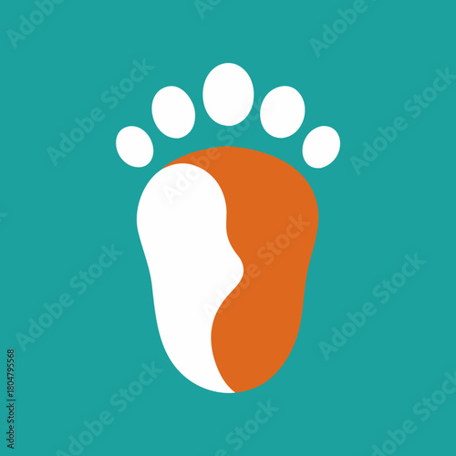 Abstract footprint with orange and white shapes on teal background