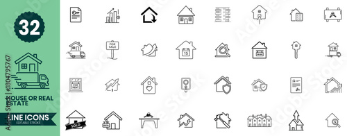 Real Estate Line Icons Set House, Property, Home Ownership, Mortgage, Construction Symbols