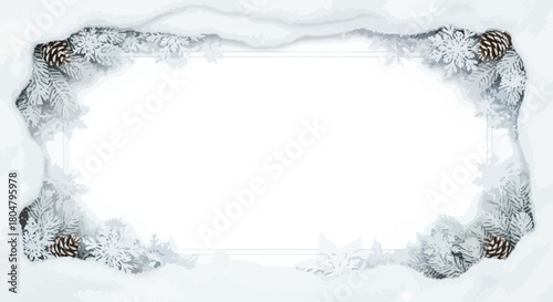 Winter frame with snow covered pine branches and snowflakes on a white background