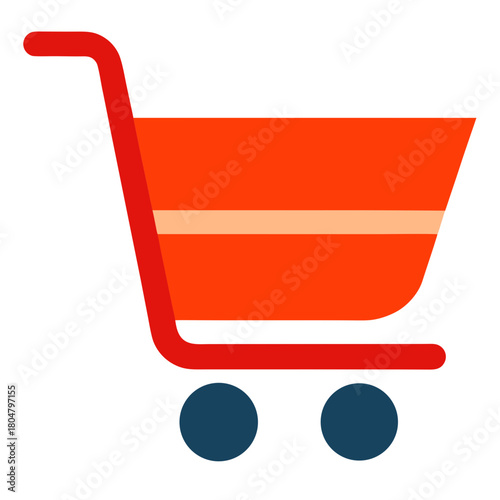 Simple red shopping cart icon with blue wheels