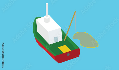 Minimalistic illustration of a fishing boat catching fish in the open blue sea