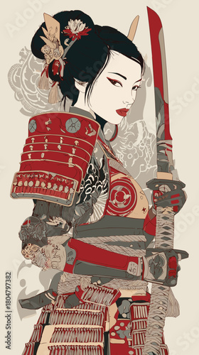 Vector illustration of a neo traditional japanese tattoo design of a female samurai