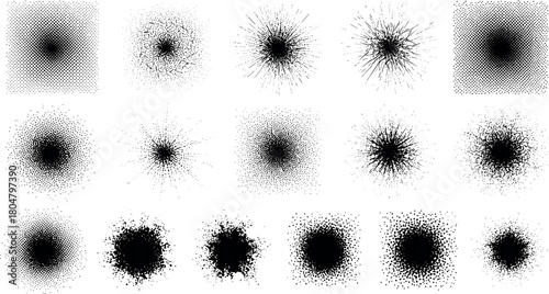 Collection of black and white stipple and radial burst designs