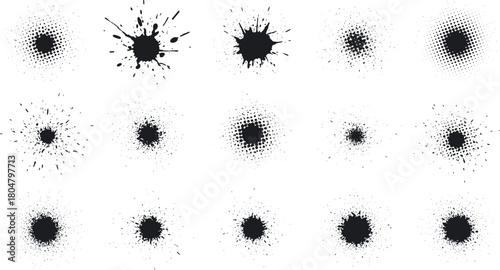 Wallpaper Mural Collection of fifteen black ink splatters and halftone dots on white background Torontodigital.ca