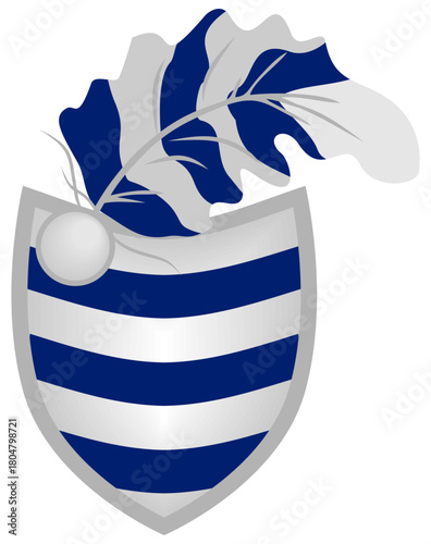 Isolated vector icon featuring a heraldic striped shield with a decorative noble plume. This emblem is ideal for a Squire rank, level indicator, or fantasy game achievement badge