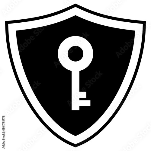 Black vector icon of a security shield with a key on a transparent background. Essential symbol for data protection, password, security, access control, privacy, and encryption in IT and UI/UX design