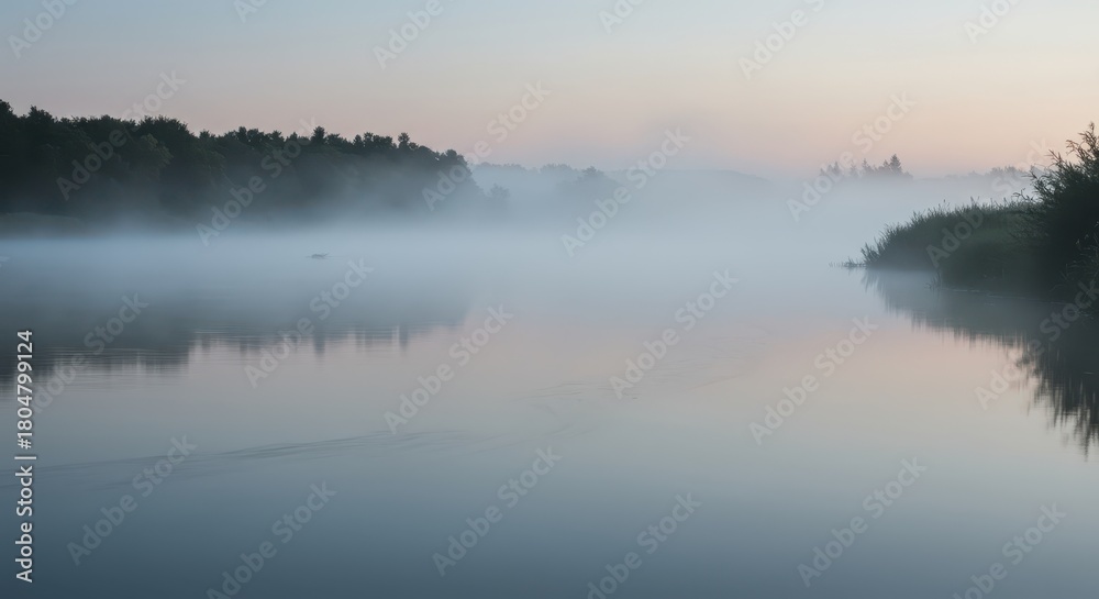 Fototapeta premium Serene river landscape features dense mist settling over still water near forested banks at dawn