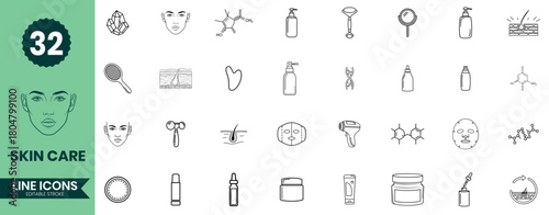 Skin Care Line Icon Set Beauty Treatment, Cosmetic Tools, Facial Care and Dermatology Vector Collection