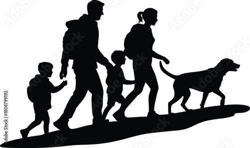 Family and Dog Silhouette Walking Together on a Hillside vector illustration