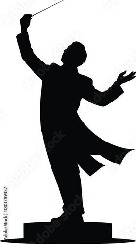 Silhouette of a conductor leading an orchestra with a baton music musical