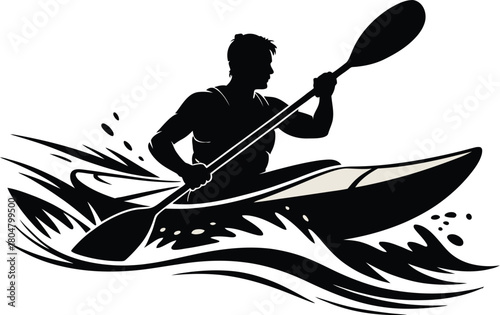 Silhouette of a Kayaker Paddling Through Water on a White Background vector