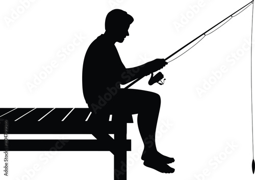 Silhouette of a man fishing from a wooden pier on a white background Keywords: fishing, fisherman, man, silhouette, pier, dock, water, rod, reel, bait, casting, sitting