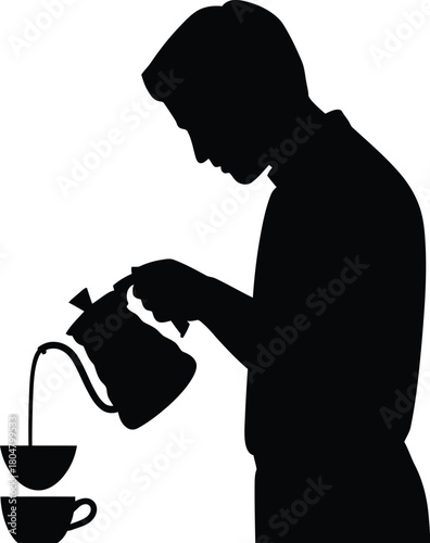Silhouette of a man pouring coffee from a pot into cups vector illustration