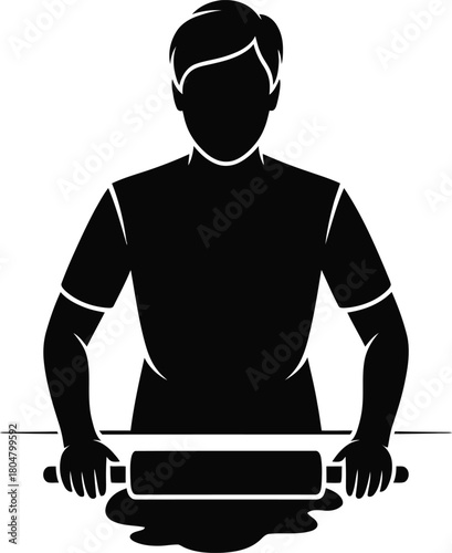 Silhouette of a person rolling dough with a rolling pin baking