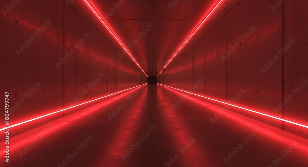 Fototapeta premium Perspective view of a futuristic hallway illuminated by vibrant red neon light strips creating an illusion of infinite space