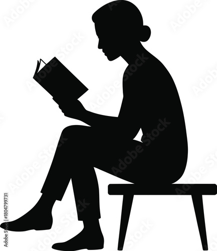 Silhouette of a woman sitting on a stool and reading a book vector illustration