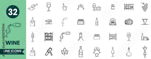 Wine Line Icons Set Winery, Vineyard, Bottle, Glass, and Sommelier Symbols