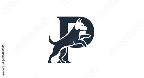 Dog jumping with letter p logo isolated on, vector illustration