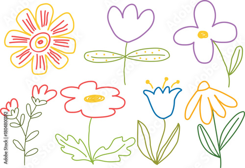Colorful doodle flowers and leaves illustration showcasing a whimsical and playful artistic style