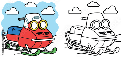Coloring book or page with red snowmobile cartoon character for children vector illustration isolated on white background
