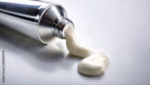 White cream is squeezed by a metal tube.  skincare products and dermatology.  Topical medication