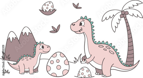 Vector illustration of dinosaurs including Stegosaurus, Velociraptor, Triceratops, Tyrannosaurus rex, Spinosaurus, Brontosaurus, and Pterosaurs.a cute cartoon vector illustration