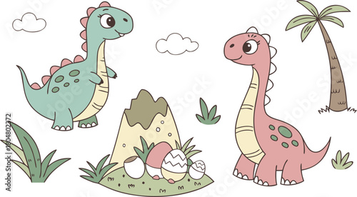 Vector illustration of dinosaurs including Stegosaurus, Velociraptor, Triceratops, Tyrannosaurus rex, Spinosaurus, Brontosaurus, and Pterosaurs.a cute cartoon vector illustration