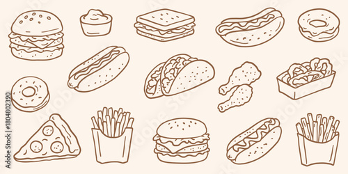 Hand-drawn fast food vector set — burgers, hot dogs, tacos, fries, pizza slice, donuts, chicken wings and snacks. Perfect for menus, stickers, packaging and street food branding