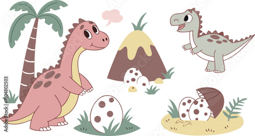 Vector illustration of dinosaurs including Stegosaurus, Velociraptor, Triceratops, Tyrannosaurus rex, Spinosaurus, Brontosaurus, and Pterosaurs.a cute cartoon vector illustration
