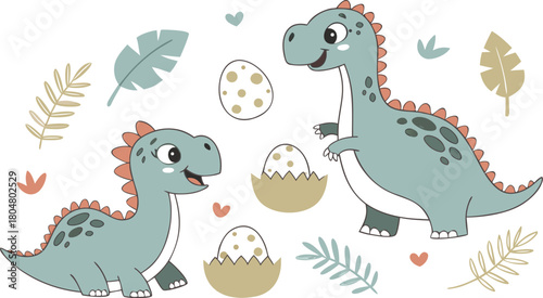 Vector illustration of dinosaurs including Stegosaurus, Velociraptor, Triceratops, Tyrannosaurus rex, Spinosaurus, Brontosaurus, and Pterosaurs.a cute cartoon vector illustration