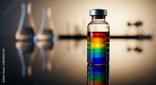 Vial of multicolored medicine representing a universal vaccine solution in a clinical laboratory setting with scientific equipment