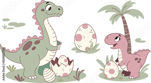 Vector illustration of dinosaurs including Stegosaurus, Velociraptor, Triceratops, Tyrannosaurus rex, Spinosaurus, Brontosaurus, and Pterosaurs.a cute cartoon vector illustration