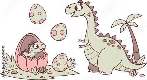Vector illustration of dinosaurs including Stegosaurus, Velociraptor, Triceratops, Tyrannosaurus rex, Spinosaurus, Brontosaurus, and Pterosaurs.a cute cartoon vector illustration