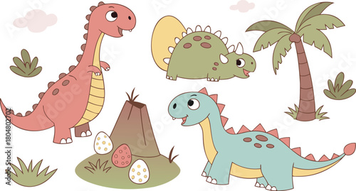 Vector illustration of dinosaurs including Stegosaurus, Velociraptor, Triceratops, Tyrannosaurus rex, Spinosaurus, Brontosaurus, and Pterosaurs.a cute cartoon vector illustration