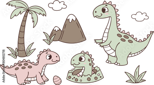 Vector illustration of dinosaurs including Stegosaurus, Velociraptor, Triceratops, Tyrannosaurus rex, Spinosaurus, Brontosaurus, and Pterosaurs.a cute cartoon vector illustration