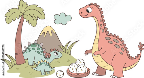Vector illustration of dinosaurs including Stegosaurus, Velociraptor, Triceratops, Tyrannosaurus rex, Spinosaurus, Brontosaurus, and Pterosaurs.a cute cartoon vector illustration
