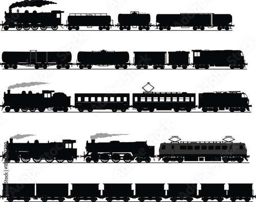 Train silhouettes, steam locomotive, diesel engine, electric railcar, freight cars, passenger coaches, transportation icons, vintage trains, railway vehicles, black shapes
