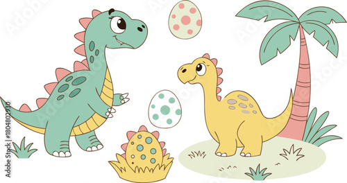 Vector illustration of dinosaurs including Stegosaurus, Velociraptor, Triceratops, Tyrannosaurus rex, Spinosaurus, Brontosaurus, and Pterosaurs.a cute cartoon vector illustration