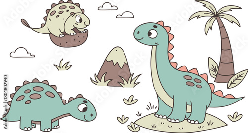 Vector illustration of dinosaurs including Stegosaurus, Velociraptor, Triceratops, Tyrannosaurus rex, Spinosaurus, Brontosaurus, and Pterosaurs.a cute cartoon vector illustration