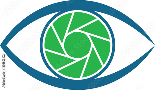 Camera lens inspired eye design for photography enthusiasts and visual content creators conveying focus and observation skill artistic eye in green and blue color scheme