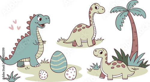 Vector illustration of dinosaurs including Stegosaurus, Velociraptor, Triceratops, Tyrannosaurus rex, Spinosaurus, Brontosaurus, and Pterosaurs.a cute cartoon vector illustration